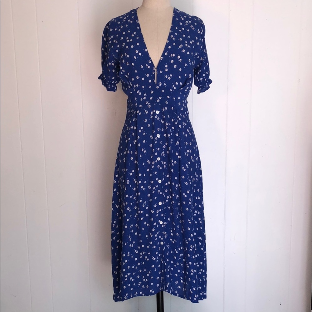 Faithfull the Brand Blue and White Wrap Midi Dress